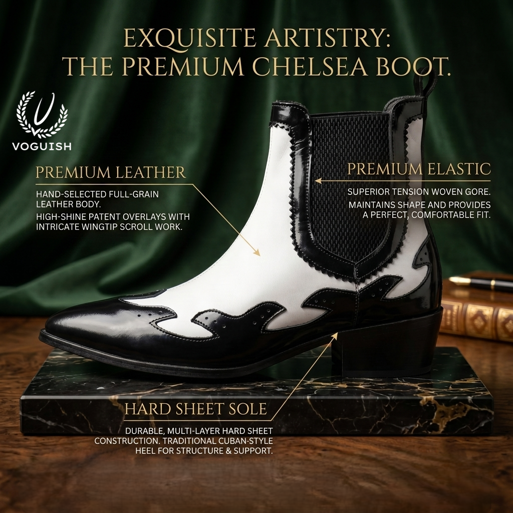 VOGUISH Men's Western Style Elastic Chelsea Boot in Black & White -1203