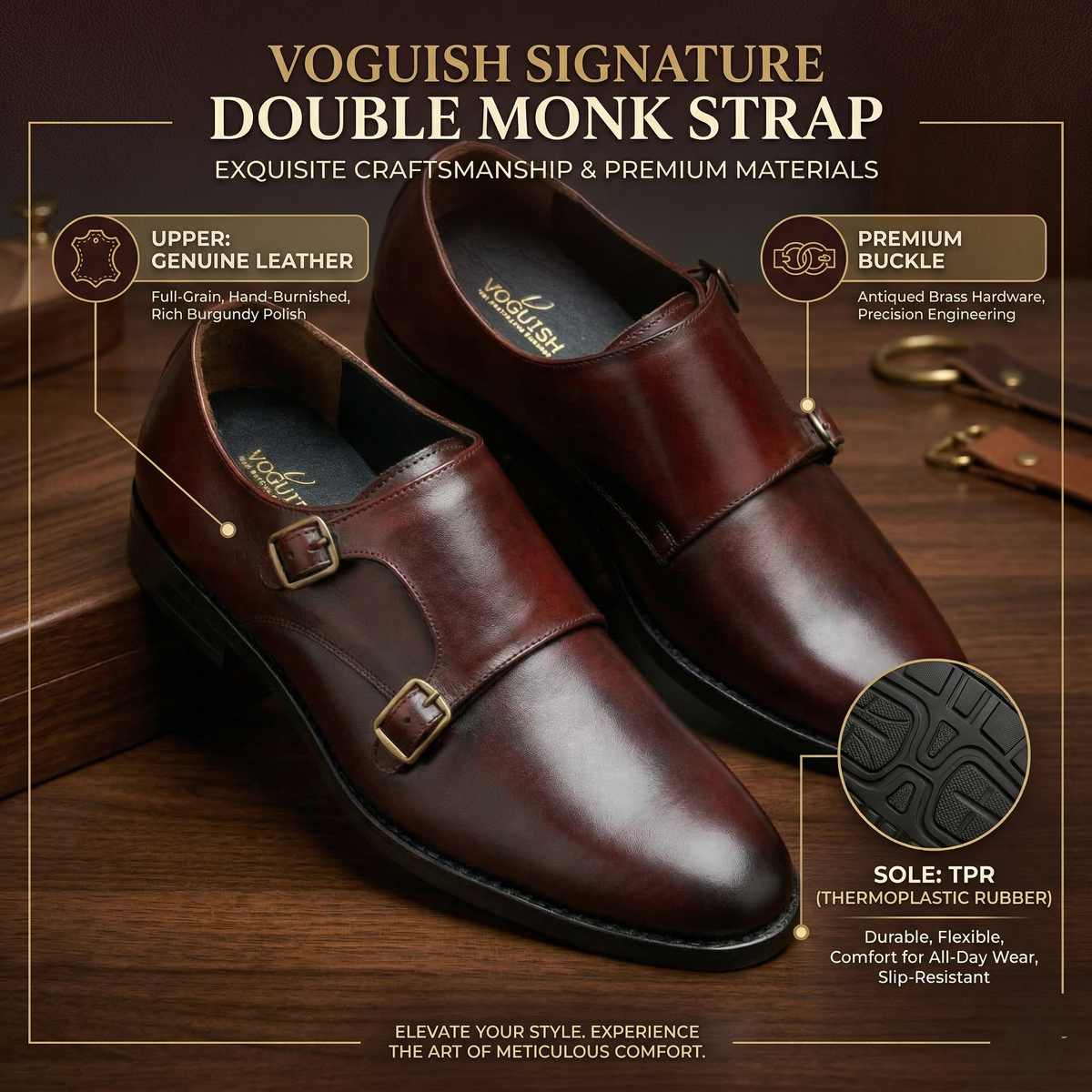 Voguish Double Monk Strap | Hand-Burnished Crust Leather Shoes - 5012