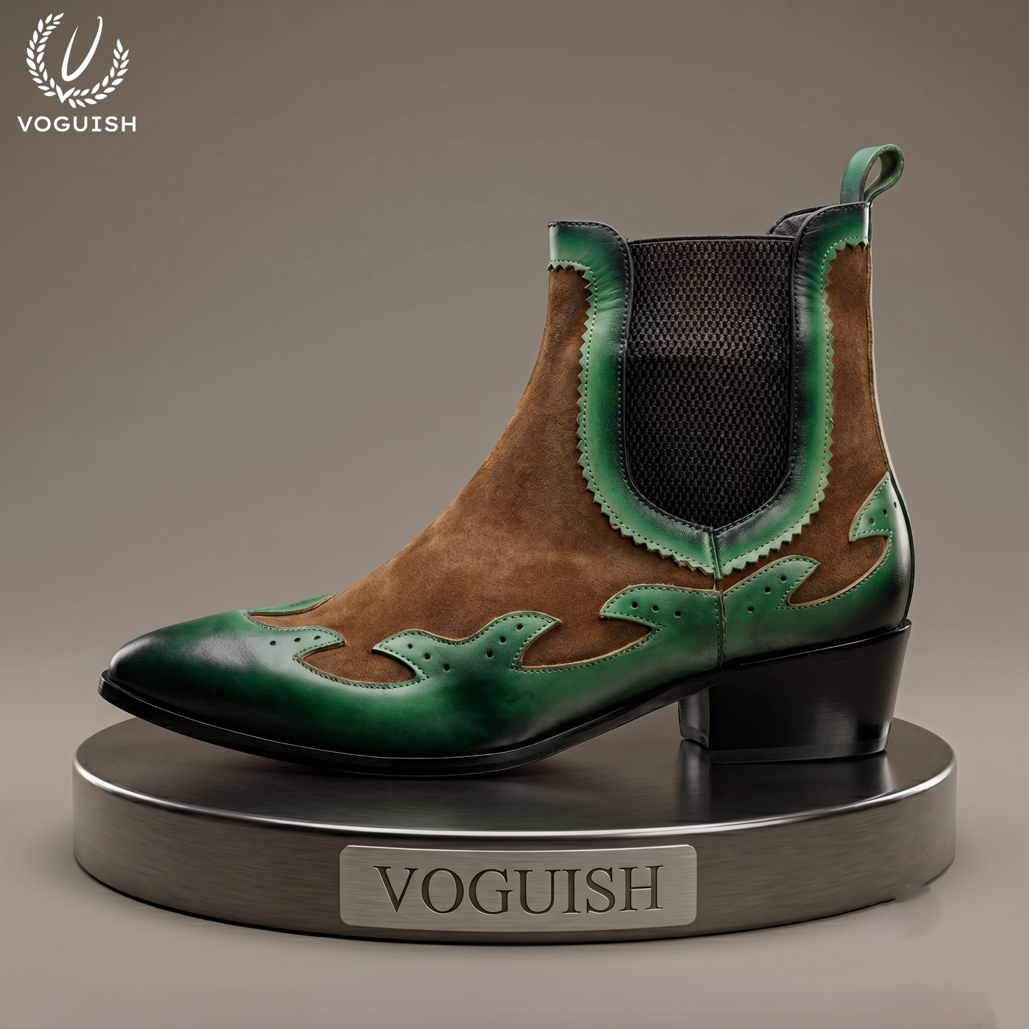 Voguish Men's Green & Brown Suede Western Chelsea Boots-1203