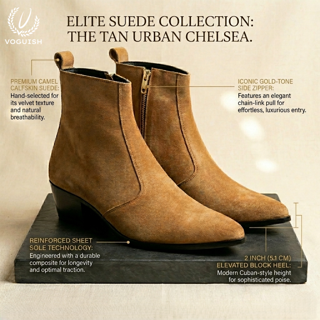 Luxury Cuban Heel Chelsea Boots in Tan Suede | VOGUISH - S1152