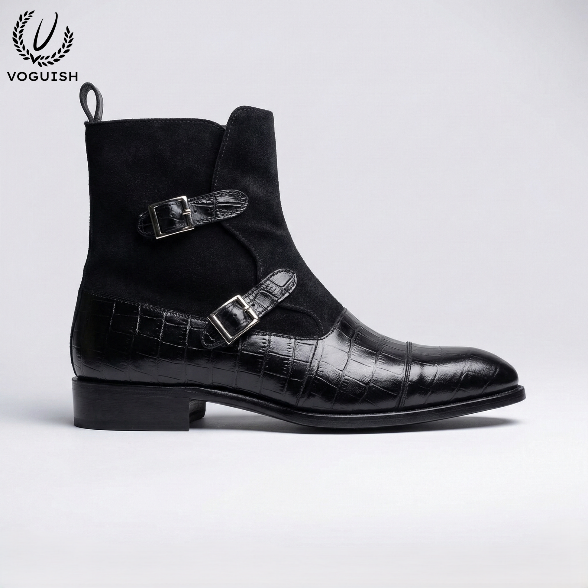 Black Crocodile-Embossed Leather and Suede Double-Buckle Chelsea Boot- 1058 - Product View