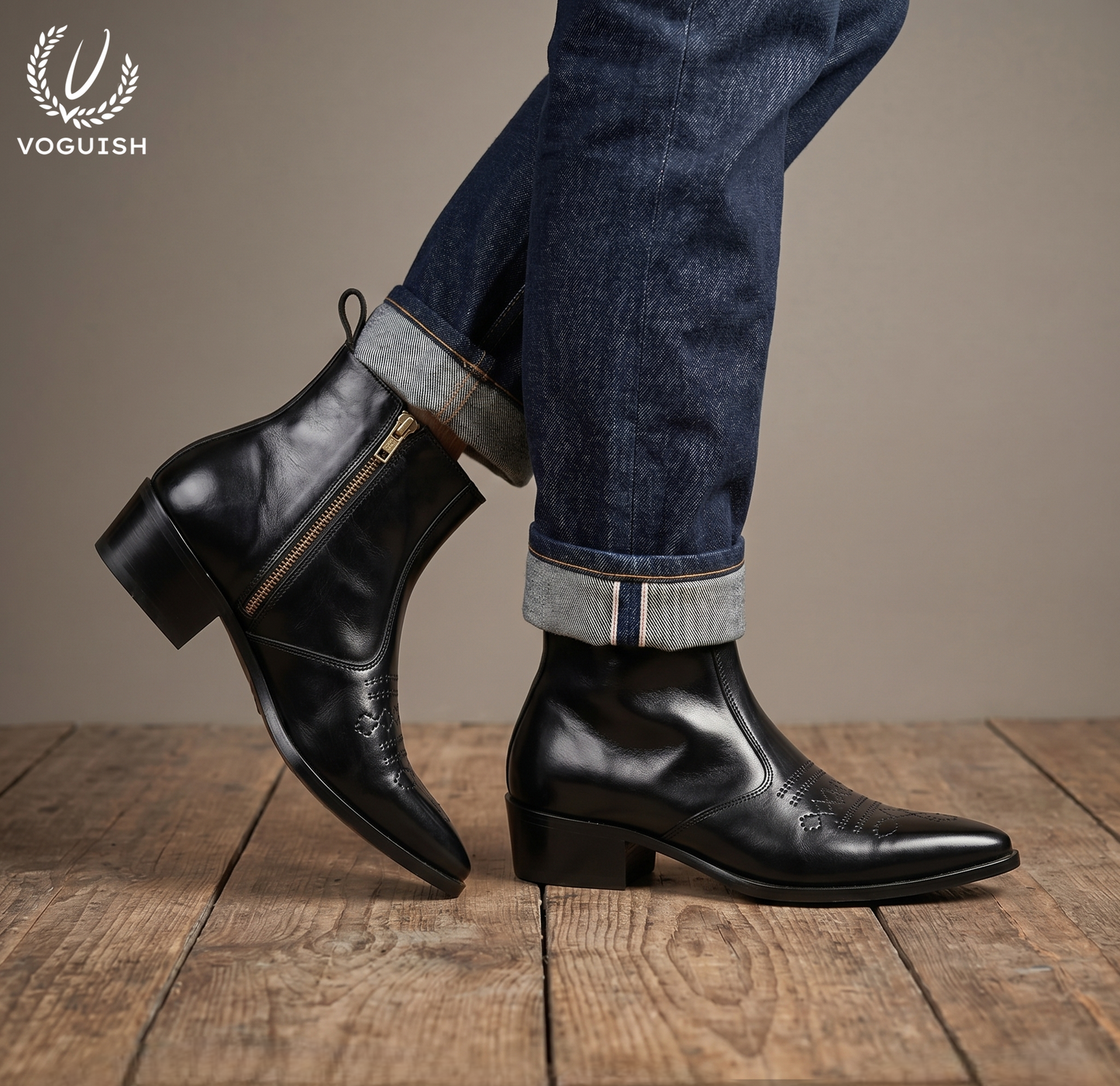 Voguish Premium Black Leather Pointed-Toe Western Ankle Boots - 1153