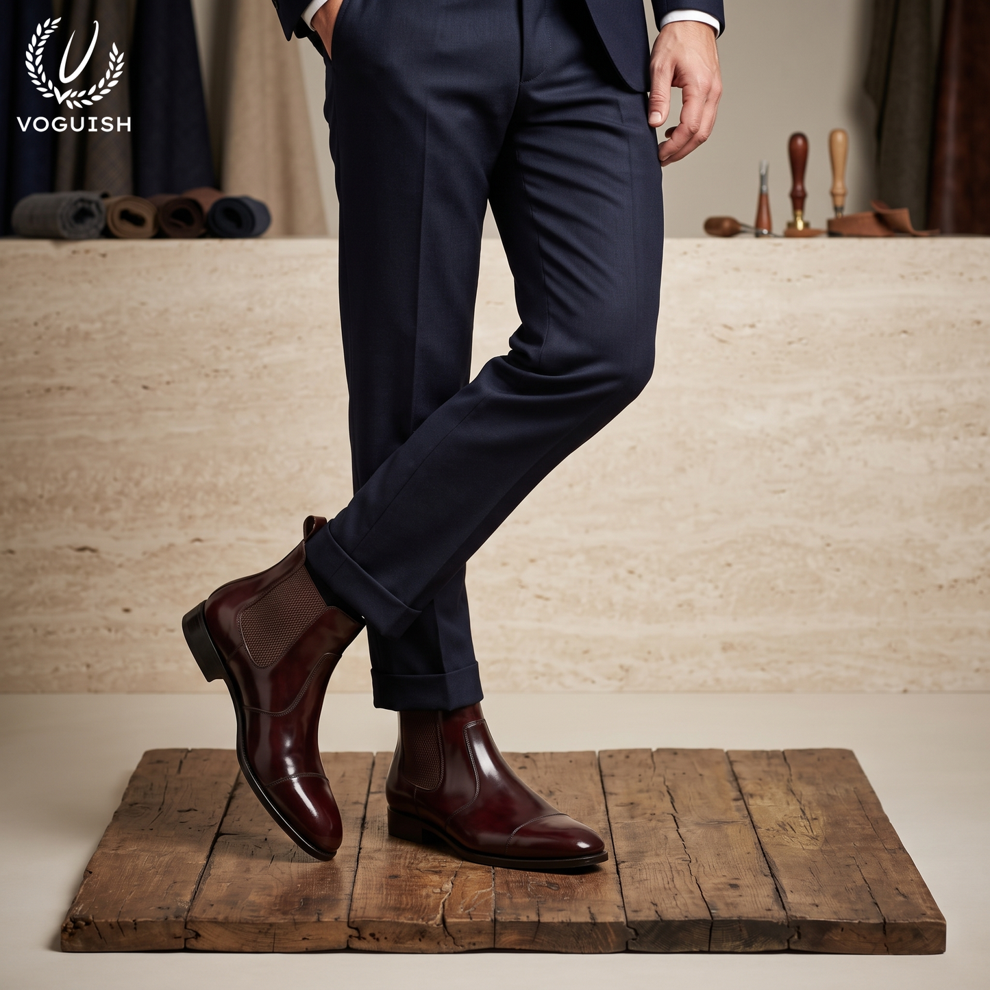Men's Burgundy Brown Leather Chelsea Boots | Voguish -1112