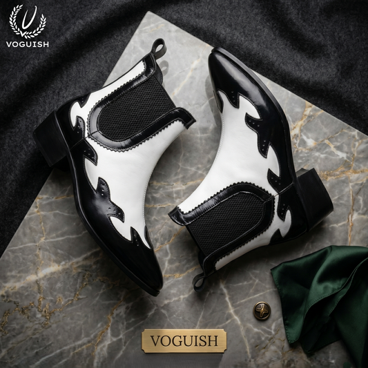 VOGUISH Men's Western Style Elastic Chelsea Boot in Black & White -1203