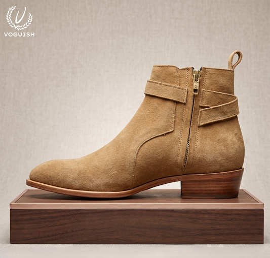 Handcrafted Beige Suede Ankle Boots | Voguish Heritage Collection -S1052