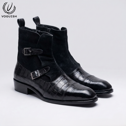 Black Crocodile-Embossed Leather and Suede Double-Buckle Chelsea Boot- 1058 - Product View