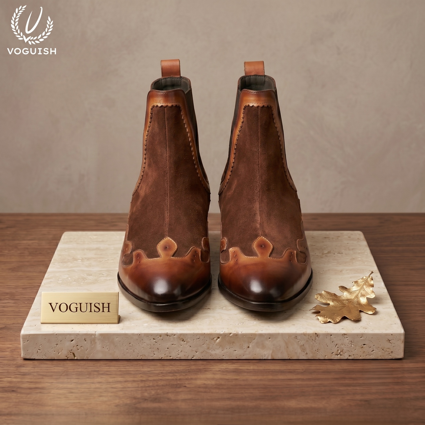 Voguish Men's Western Chelsea Boots – Burnished Leather & Brown Suede|-1203