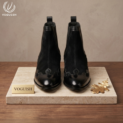 Voguish Black Leather & Suede Western Chelsea Boots-1203