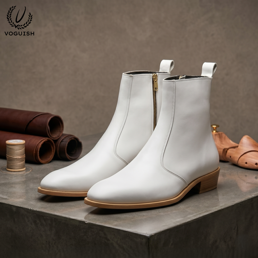 Voguish Premium White Leather Ankle Boots -1102