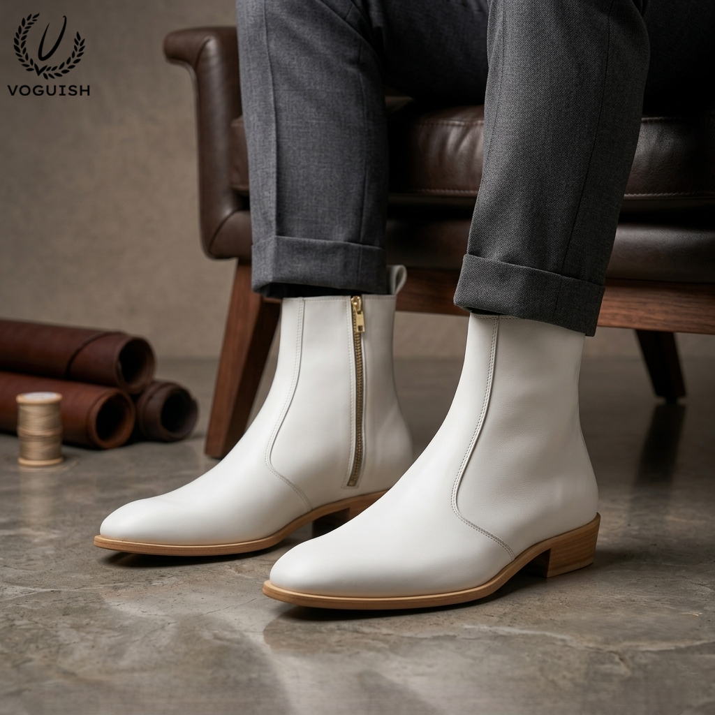 Voguish Premium White Leather Ankle Boots -1102