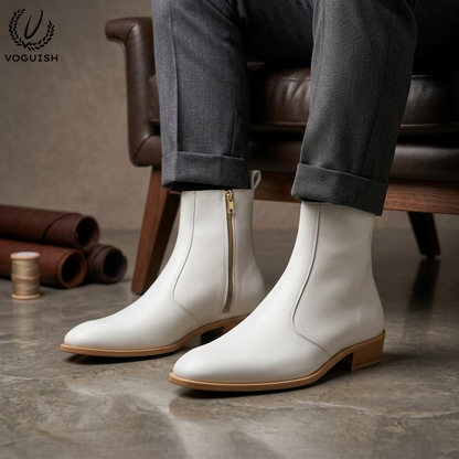 Voguish Premium White Leather Ankle Boots -1102