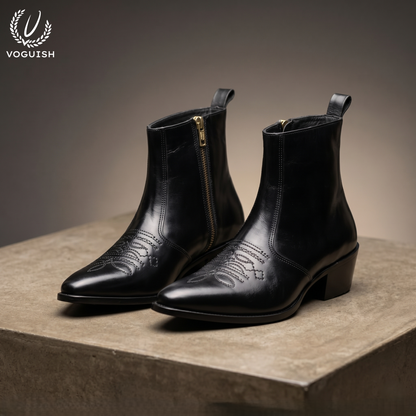 Voguish Premium Black Leather Pointed-Toe Western Ankle Boots - 1153