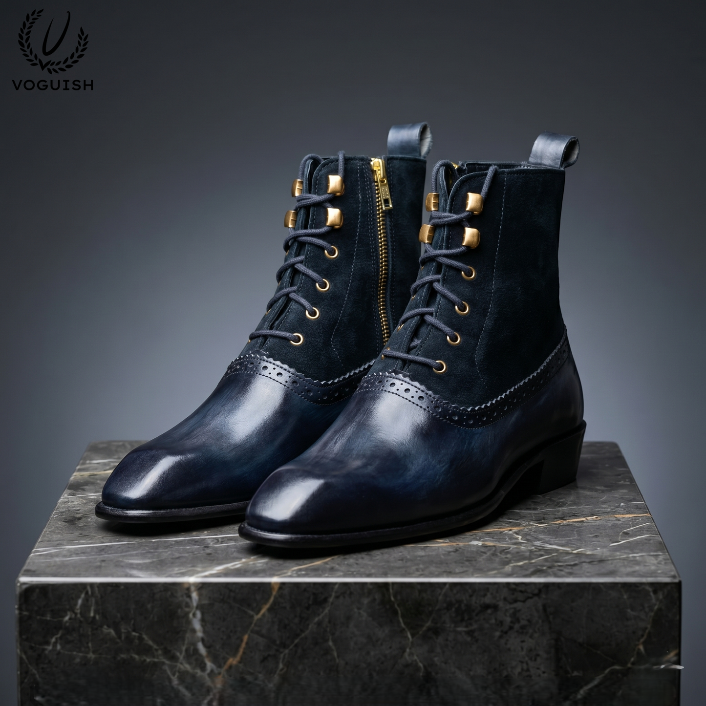 Men's Navy Blue Two-Tone Dress Boots by VOGUISH -1251