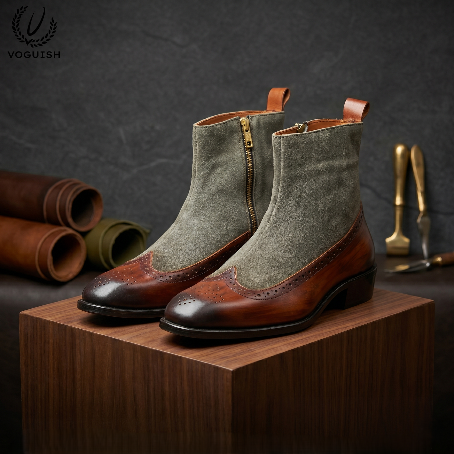 VOGUISH Men's Two-Tone Wingtip Boots Leather & Suede Side-Zip-1111