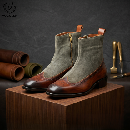 VOGUISH Men's Two-Tone Wingtip Boots Leather & Suede Side-Zip-1111