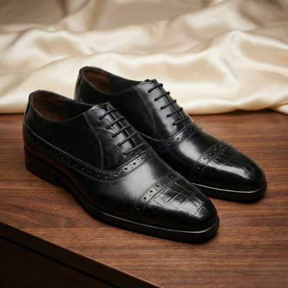 Voguish Men’s Crocodile Texture Oxford Shoes – Premium Leather Brogue Cap Toe Dress Shoes - 031