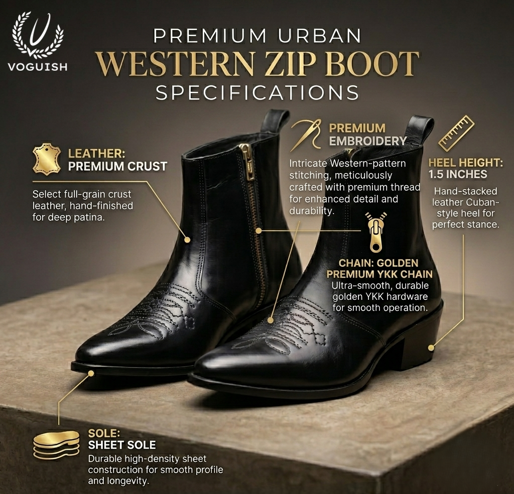 Voguish Premium Black Leather Pointed-Toe Western Ankle Boots - 1153