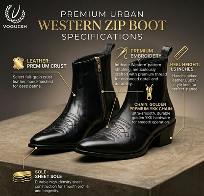 Voguish Premium Black Leather Pointed-Toe Western Ankle Boots - 1153