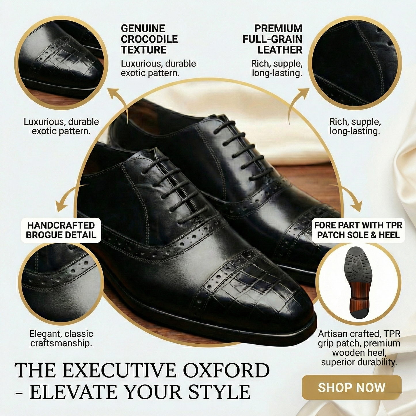 Voguish Men’s Crocodile Texture Oxford Shoes – Premium Leather Brogue Cap Toe Dress Shoes - 031