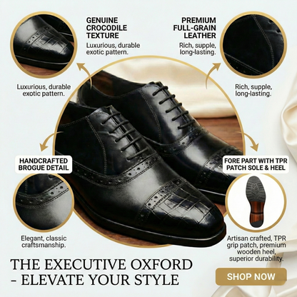 Voguish Men’s Crocodile Texture Oxford Shoes – Premium Leather Brogue Cap Toe Dress Shoes - 031