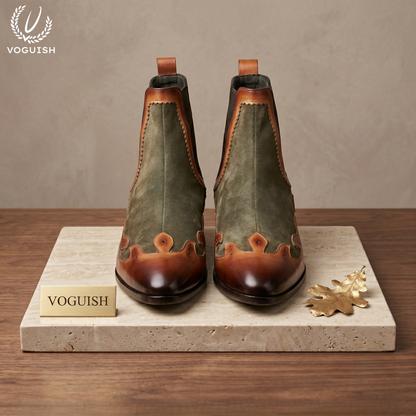 Two-Tone Suede and Leather Ankle Boot by VOGUISH| -1203