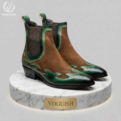Voguish Men's Green & Brown Suede Western Chelsea Boots-1203