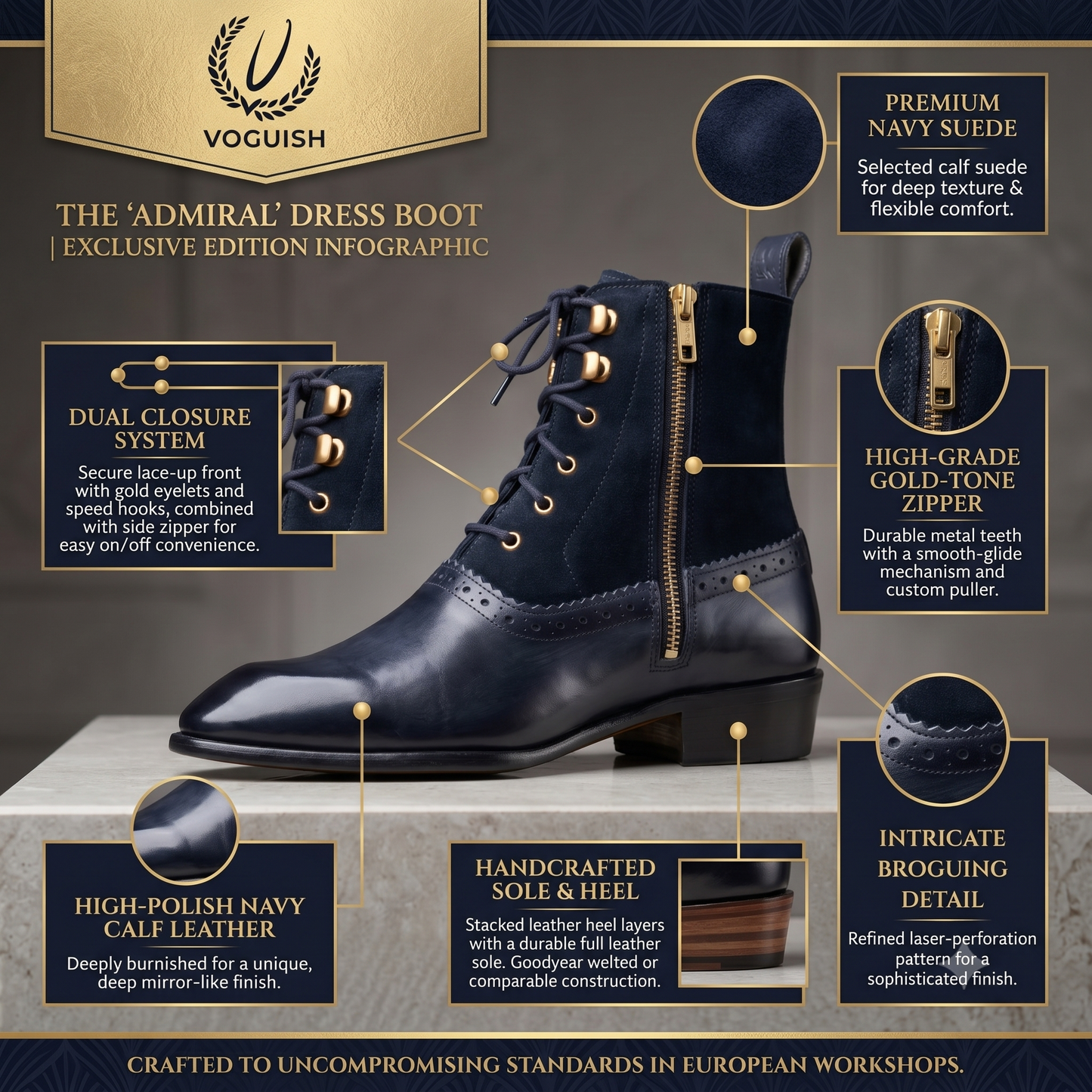 Men's Navy Blue Two-Tone Dress Boots by VOGUISH -1251