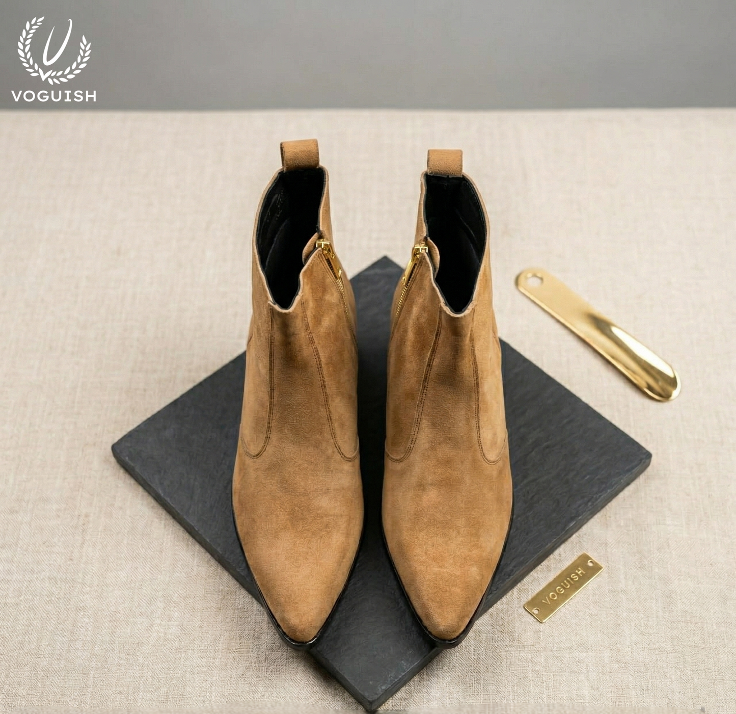 Luxury Cuban Heel Chelsea Boots in Tan Suede | VOGUISH - S1152