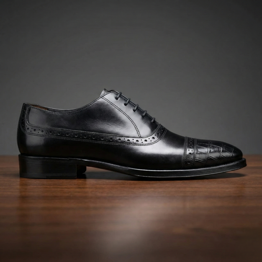 Voguish Men’s Crocodile Texture Oxford Shoes – Premium Leather Brogue Cap Toe Dress Shoes