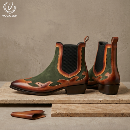 Two-Tone Suede and Leather Ankle Boot by VOGUISH| -1203