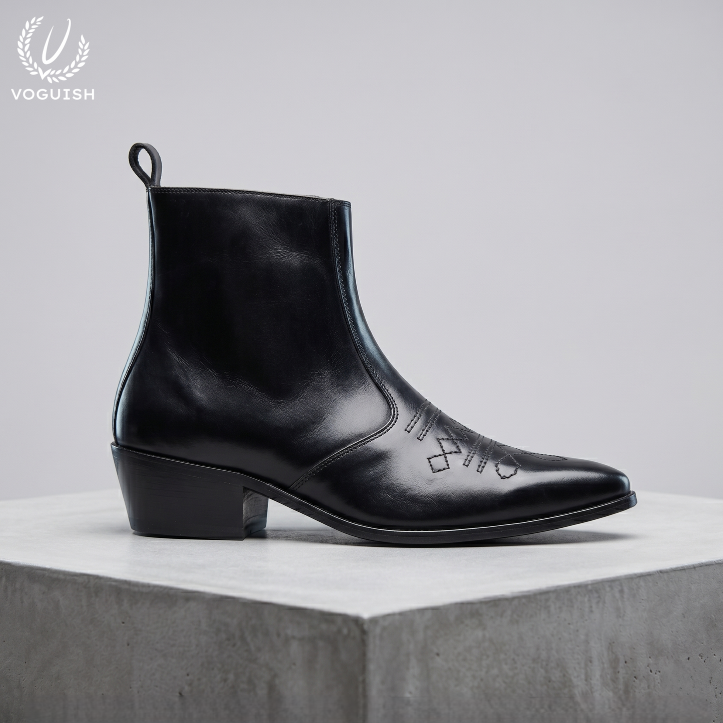 Voguish Premium Black Leather Pointed-Toe Western Ankle Boots - 1153