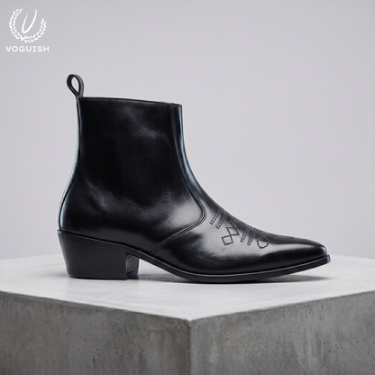 Voguish Premium Black Leather Pointed-Toe Western Ankle Boots - 1153