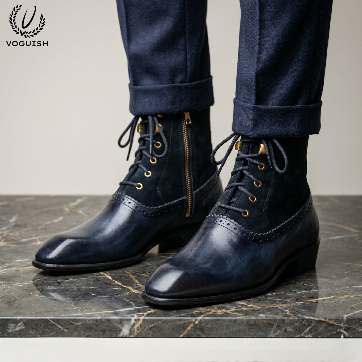 Men's Navy Blue Two-Tone Dress Boots by VOGUISH -1251
