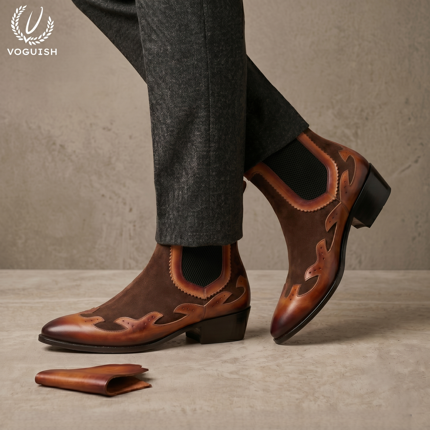 Voguish Men's Western Chelsea Boots – Burnished Leather & Brown Suede|-1203