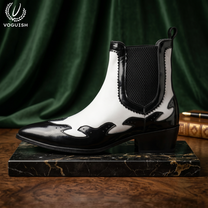 VOGUISH Men's Western Style Elastic Chelsea Boot in Black & White -1203
