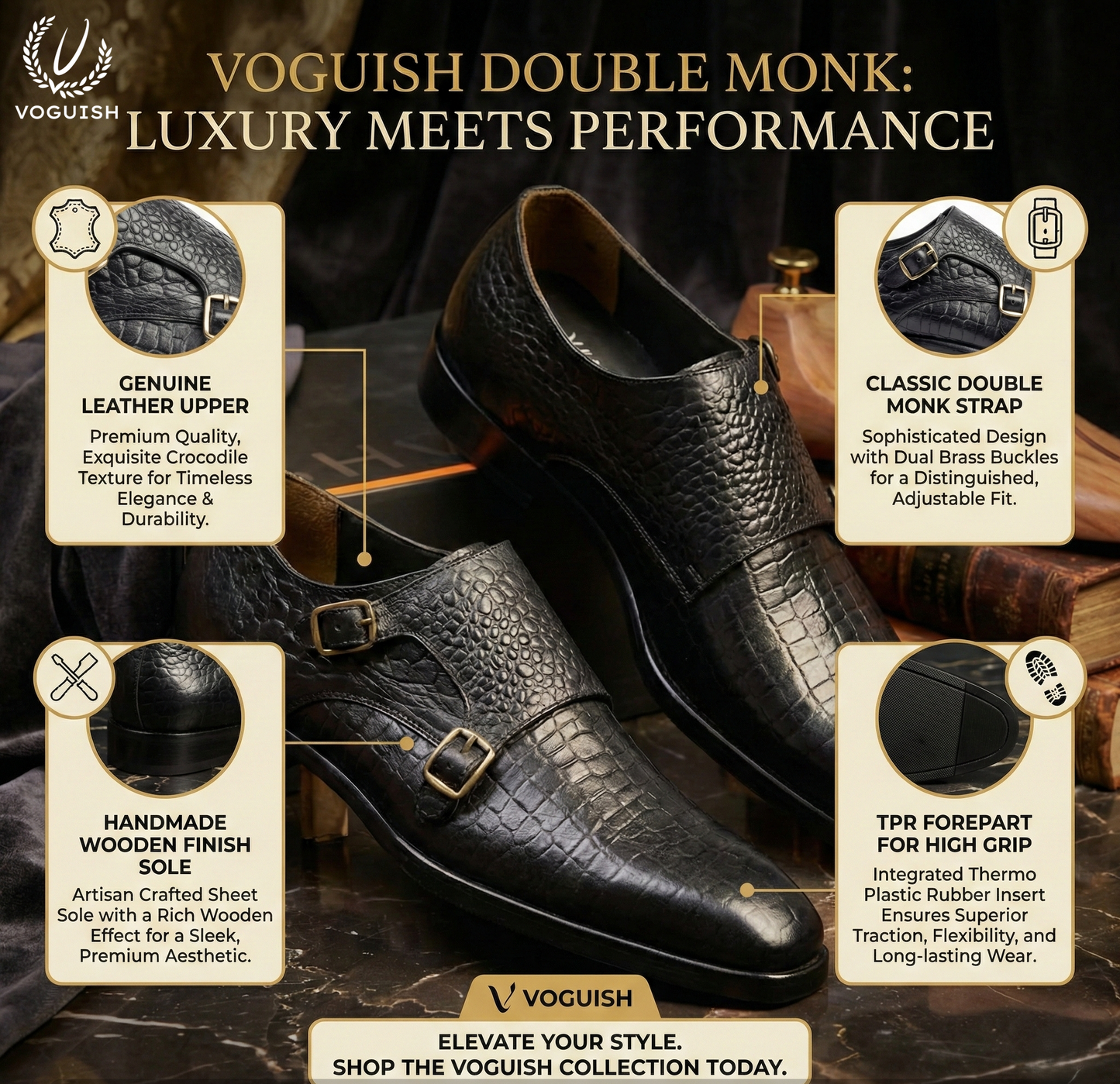 Handmade Croco Double Monk for Men - IMPERIAL STEP 033