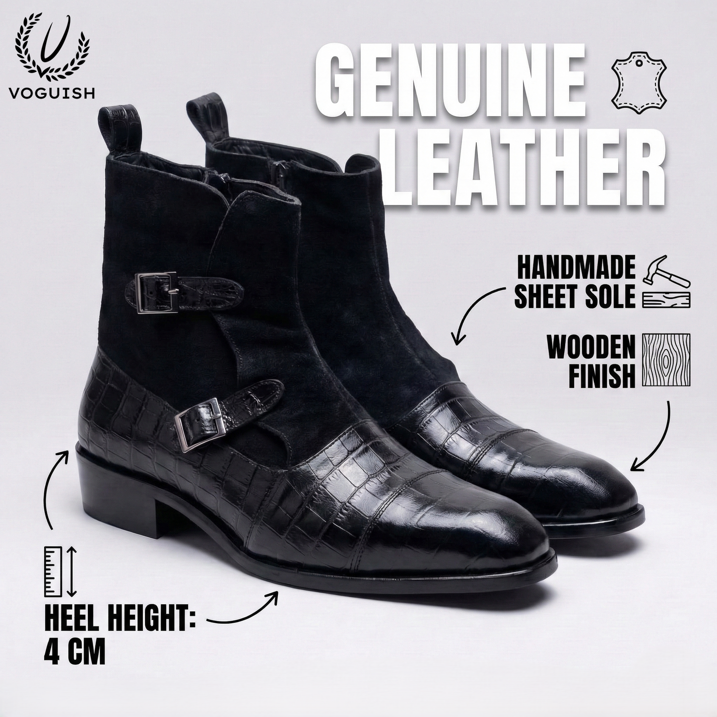 Black Crocodile-Embossed Leather and Suede Double-Buckle Chelsea Boot- 1058 - Product View