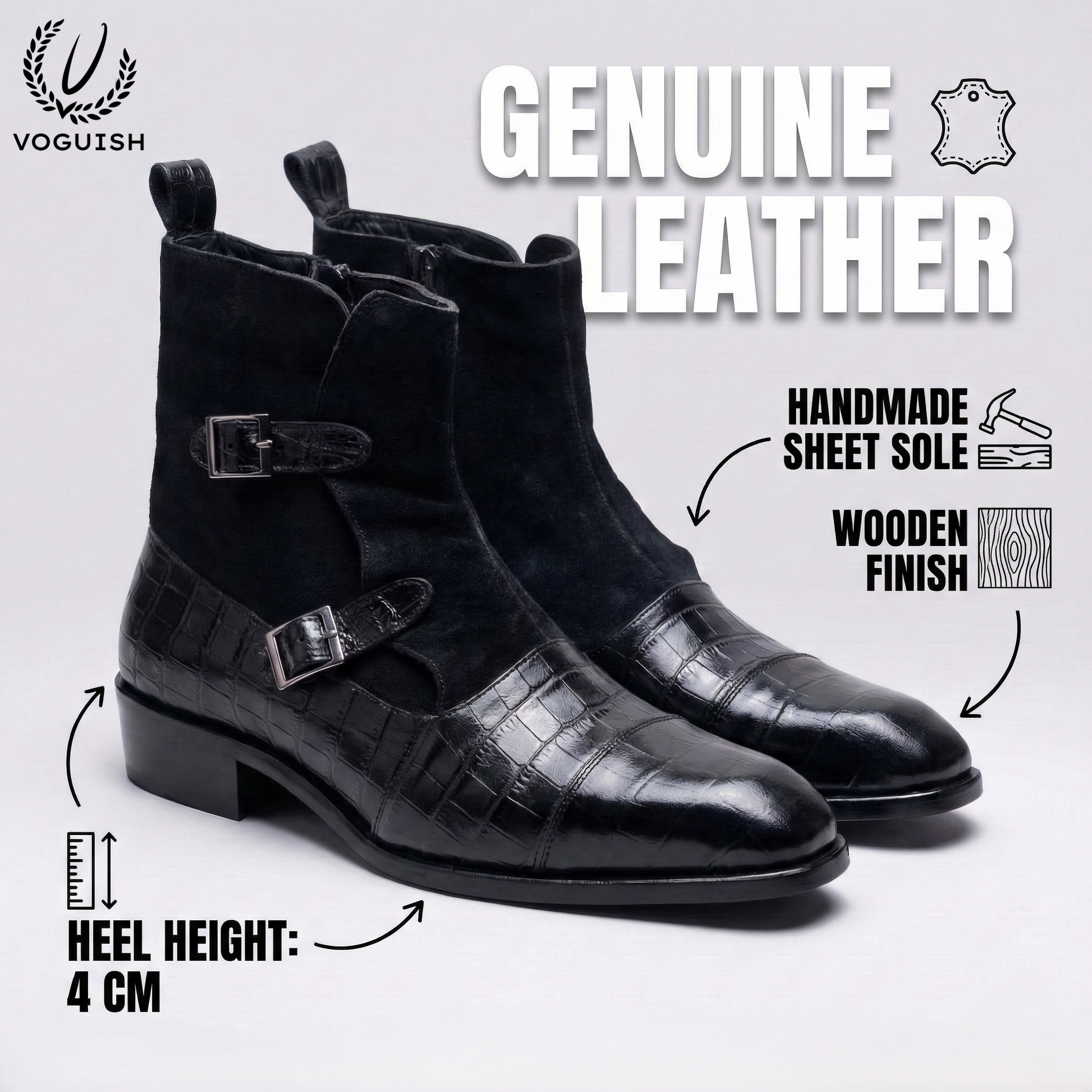 Black Crocodile-Embossed Leather and Suede Double-Buckle Chelsea Boot- 1058 - Product View