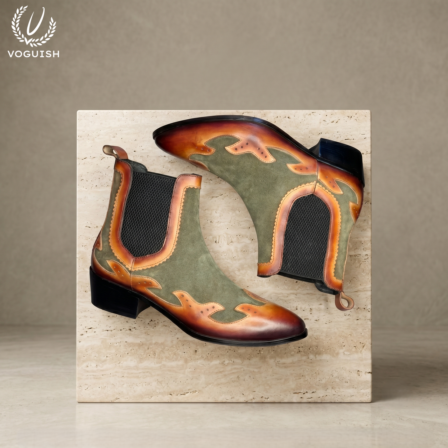 Two-Tone Suede and Leather Ankle Boot by VOGUISH| -1203