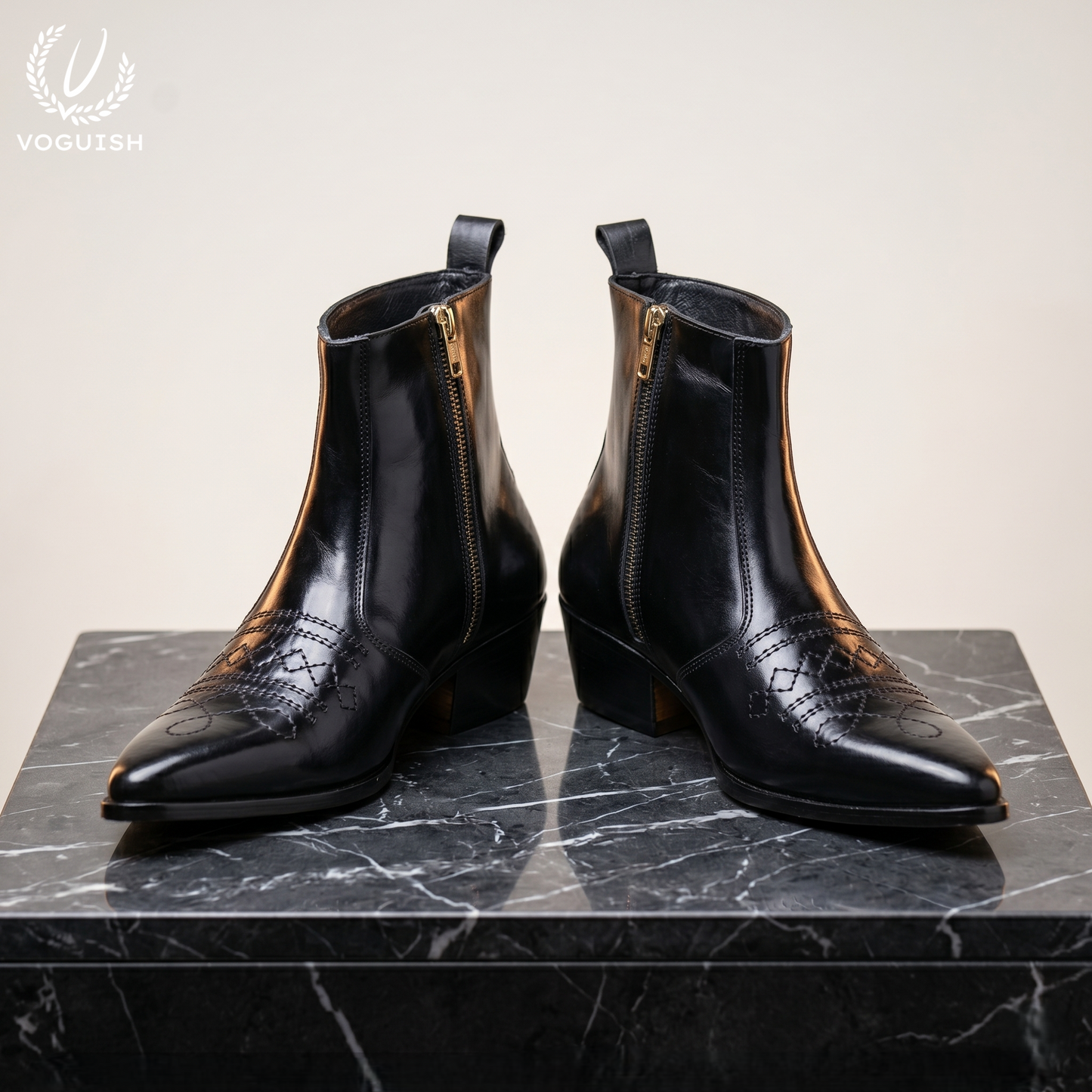 Voguish Premium Black Leather Pointed-Toe Western Ankle Boots - 1153