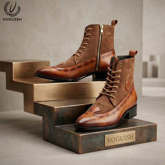 Voguish Premium Handcrafted Leather & Suede Brogue Boots for Men-1202