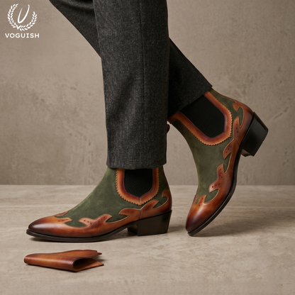 Two-Tone Suede and Leather Ankle Boot by VOGUISH| -1203