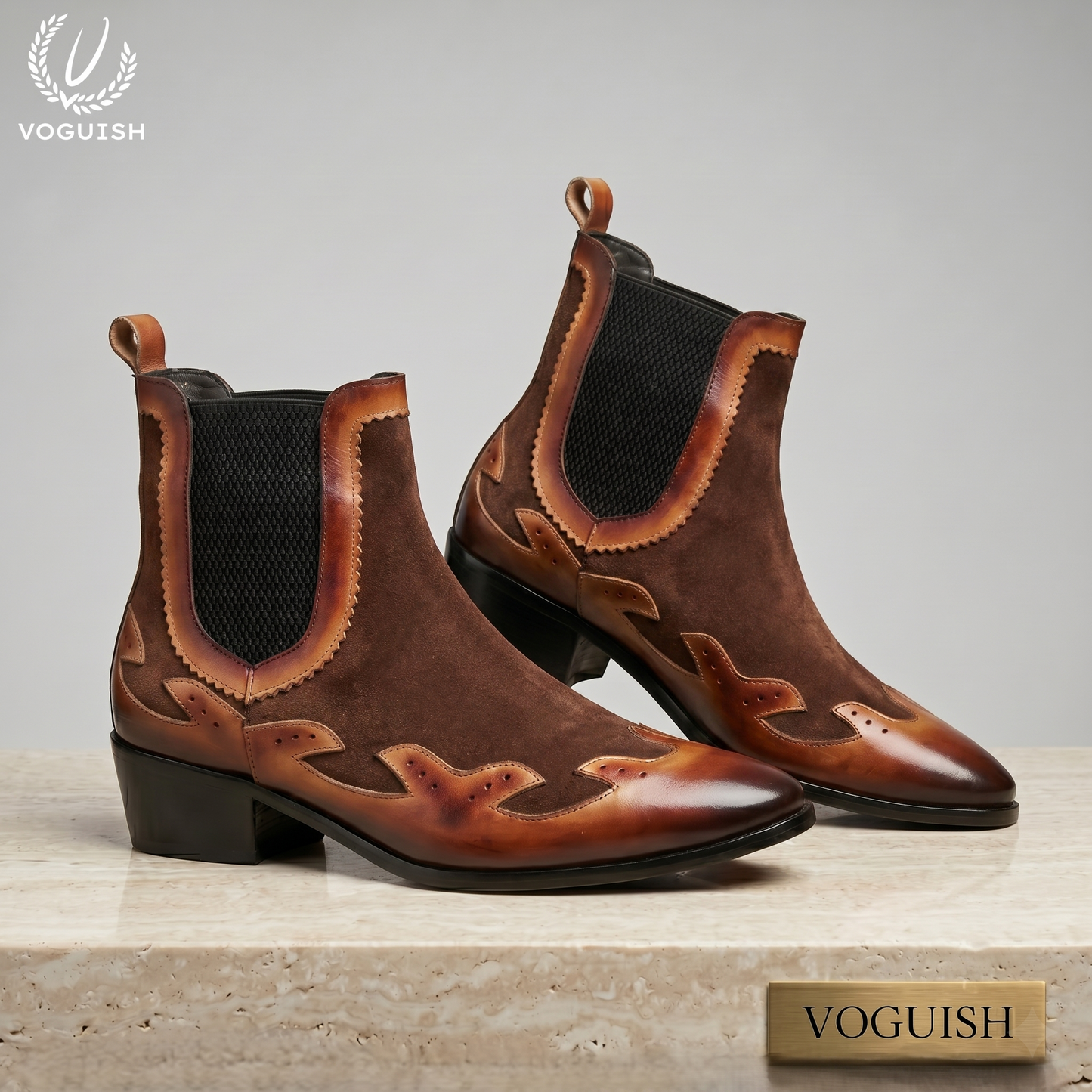 Voguish Men's Western Chelsea Boots – Burnished Leather & Brown Suede|-1203
