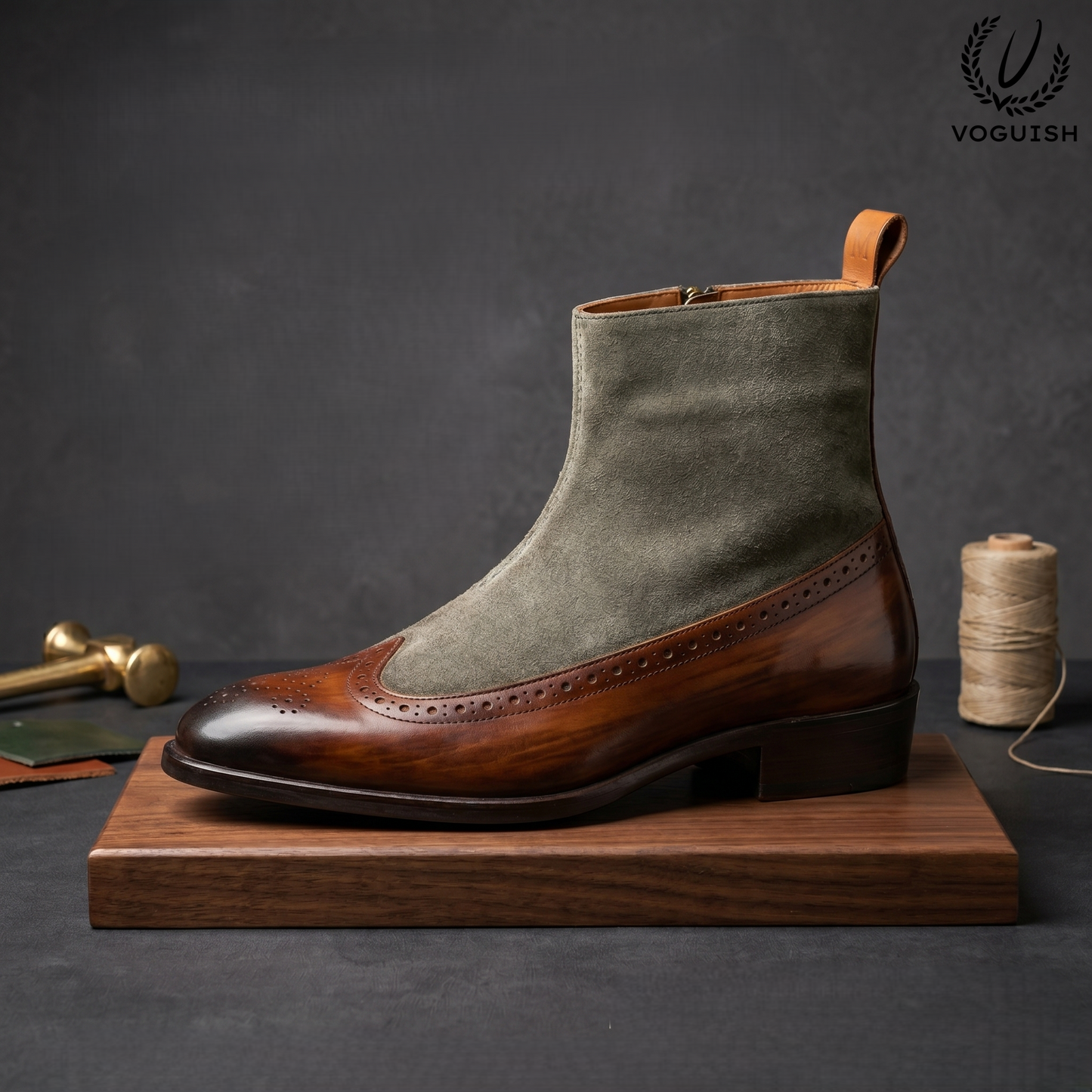 VOGUISH Men's Two-Tone Wingtip Boots Leather & Suede Side-Zip-1111