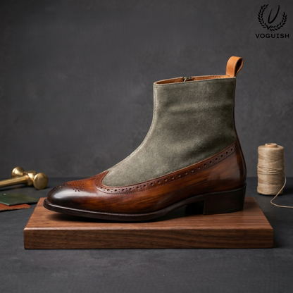 VOGUISH Men's Two-Tone Wingtip Boots Leather & Suede Side-Zip-1111