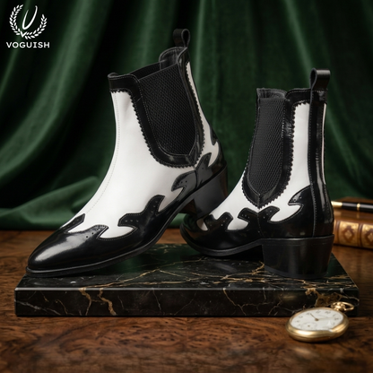 VOGUISH Men's Western Style Elastic Chelsea Boot in Black & White -1203