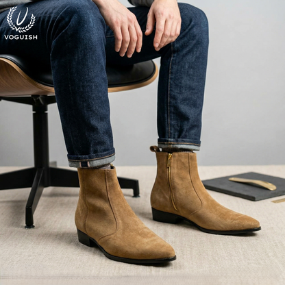 Luxury Cuban Heel Chelsea Boots in Tan Suede | VOGUISH - S1152