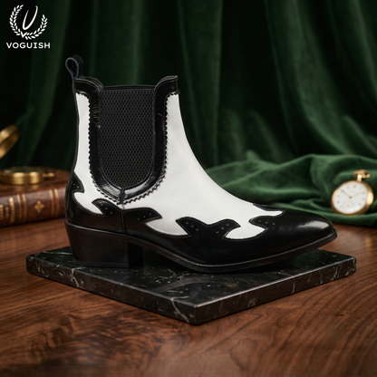 VOGUISH Men's Western Style Elastic Chelsea Boot in Black & White -1203