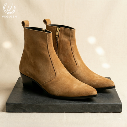 Luxury Cuban Heel Chelsea Boots in Tan Suede | VOGUISH - S1152