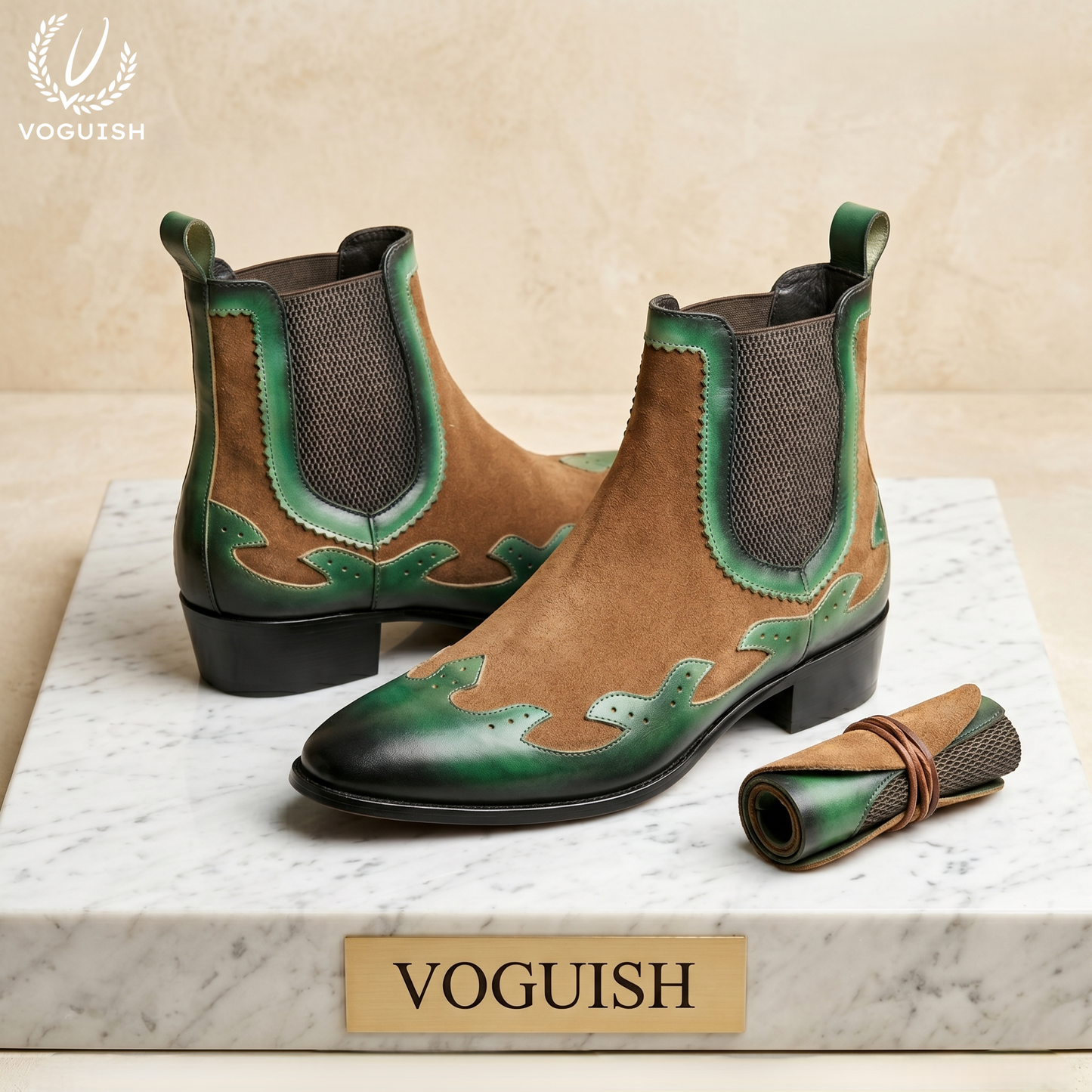 Voguish Men's Green & Brown Suede Western Chelsea Boots-1203